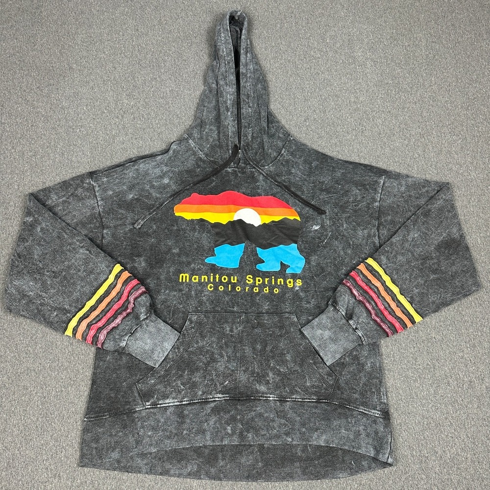 Bloom + POP Manitou Springs Colorado Bear Hoodie Womens S Acid Wash Gray Sunset